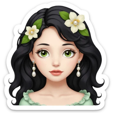 A soft and elegant girl with long wavy black hair, hazel-green almond eyes, full lips, and porcelain skin. She wears light makeup, pearl earrings, and sometimes a flower in her hair. Her style is feminine, dreamy, and cozy. sticker