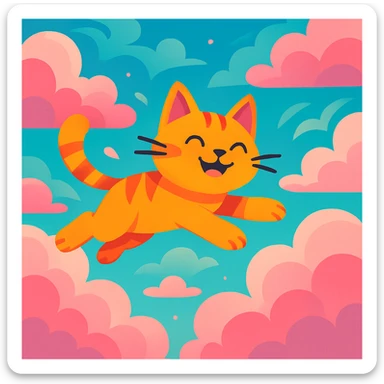 a cat flying in pink clouds, dreamy and whimsical, vibrant cartoon style sticker
