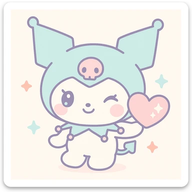 Kuromi character winking and presenting a heart, kawaii style, heart with sparkles sticker