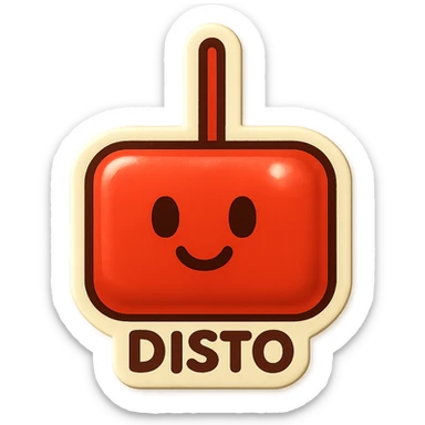 Transform the red block with a vertical line into a playful emoji called 'Disto'. Keep the bold red color and geometric simplicity. Add a friendly face and subtle details to give it character, while maintaining a minimal, iconic look in retro stickers style. sticker