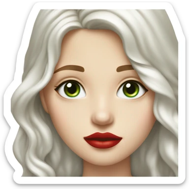 long wavy hair, tomato red lipstick, blue-green bright eyes, white skin and a very small sharp nose sticker