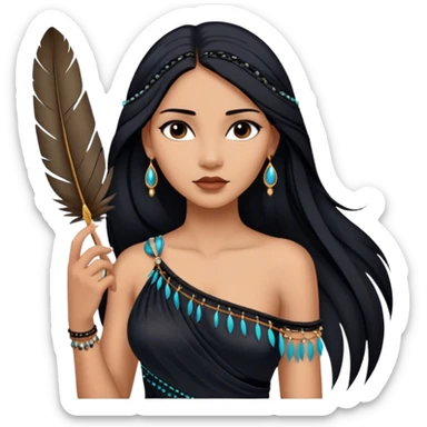 Cinematic Realistic Pocahontas Portrait, depicted with lifelike skin texture, soft natural lighting, and intricately detailed long, flowing raven-black hair that moves gracefully in the wind. Her deep, soulful dark brown eyes exude wisdom and strength, complemented by a serene yet powerful expression. She is shown gently holding a feather in one hand, her other hand resting lightly at her side, embodying the harmonious balance between nature and herself. She is dressed in her classic one-shoulder native American dress, with rich fabric textures and delicate beaded details that catch the light beautifully. The portrait features a soft, sun-kissed glow with a natural, radiant finish, capturing the essence of untamed beauty and deep connection to nature in a realistic and painterly style, evoking a sense of depth and authenticity. sticker