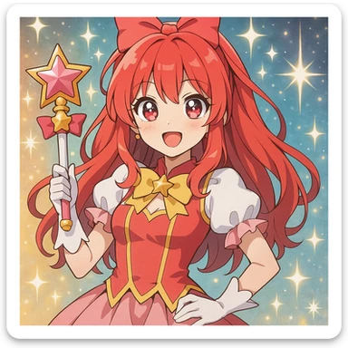 anime style woman with red hair in magical girl cosplay, holding a wand, sparkling eyes sticker