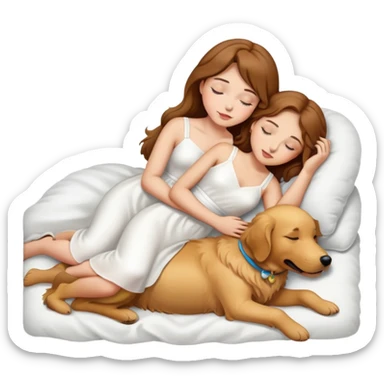 one girl with brown hair, light skin, and wear a white dress sleep on one golden retriever dog sticker