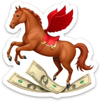red horse agressive jumping across money bill sticker