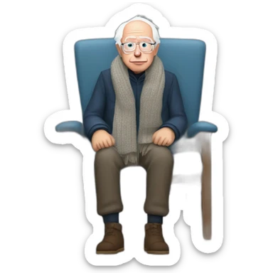 Bernie sanders sitting on chair having cold wearing a scarf sticker