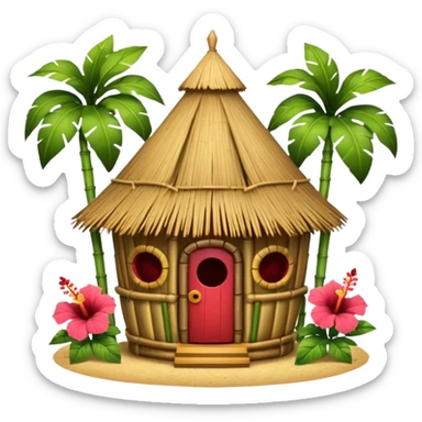 Hawaiian tiki hut house, round tropical hut, bamboo details, thatched roof, tiki masks decoration, hibiscus flowers, cute mobile game icon, 3D cartoon, clean background, no text sticker