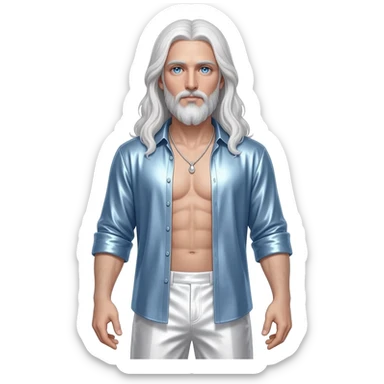 God the Father from Christian Mythology with blue eyes, long white hair, light steel blue metallic open shirt, white metallic baggy pants shirtless with silver necklace sticker