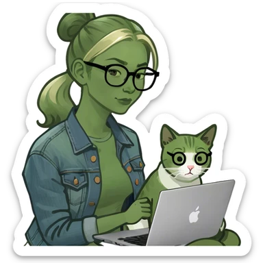 Blonde woman ponytail green eyes with cat and MacBook sticker