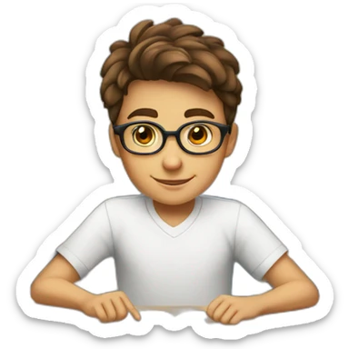 a 12-year-old boy with brown hair and gray eyes wearing glasses and a white shirt is sitting at a desk at school sticker