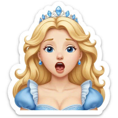 Cinematic Realistic Yawning Cinderella Portrait, showcasing lifelike porcelain skin and intricately detailed golden-blonde hair styled flawlessly as she mid-yawn reveals a moment of tender vulnerability. Her half-closed blue eyes and relaxed expression are rendered with natural, soft lighting that emphasizes the subtle textures of her face and the detailed, flowing fabric of her iconic gown. The scene glows with a cozy, authentic warmth that captures a rare, intimate moment of repose. sticker