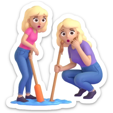 blond woman sitting on her knees with wide eyes, another man in jeans is staying (not sitting) on her left, she's holding a wide skin-colored stick with a D-shaped knob, the stick and the nob have skin texture, water squirting from the knob into her mouth, shocked face sticker