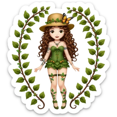 full body woman long curly brown hair brown eyes white skin tattoos wearing butterfly hat and glowing vine stockings sticker