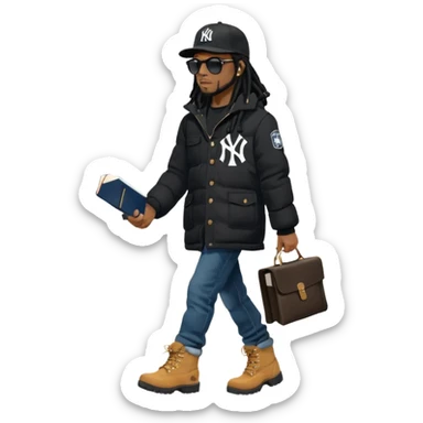 African American man with shoulder length black dreadlocks and black sunglasses wearing a black New York Yankees baseball hat with a North Face brand bubble winter coat with denim skinny jeans and timberland boots walkingholding a bible sticker