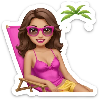 girl with long wavy brown hair, brown eyes, long lashes makeup, sexy pink lips, smiling, light to medium complexion, wearing a pink sexy silk top, relaxing in a beach chair  sticker