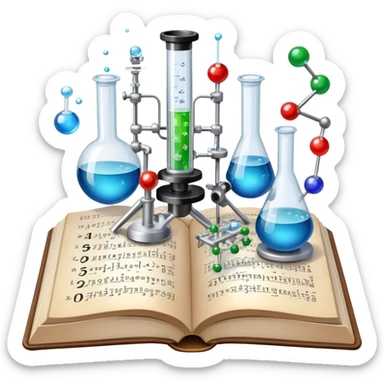 Icon for Scientific and Educational Reading: an open book with mathematical and physical formulas on the pages, with molecules and atoms flying out. On the desk are test tubes, flasks, and a microscope. Transparent background. sticker