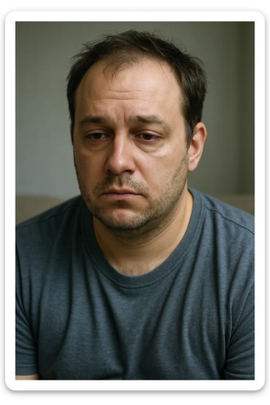 Un uomo caucasico di 35-45 anni, in CGI fotorealistico, che mostra i segni fisici ed emotivi di un basso livello di testosterone. sticker