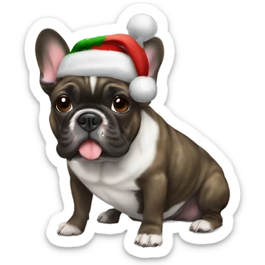 Brindle french bulldog wearing a Christmas hat sticker