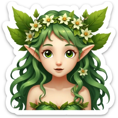Cinematic Realistic Forest Nymph Fairy Portrait, head tilted playfully and inquisitively, showcasing a nature-inspired form with intricately detailed, sunlit tanned skin and cascading hair interlaced with leaves and blossoms. Her bright, curious eyes sparkle with forest mischief, rendered with lifelike clarity and warm, dappled lighting that captures the spirit of an enchanting woodland fairy ready to dance among the trees. sticker