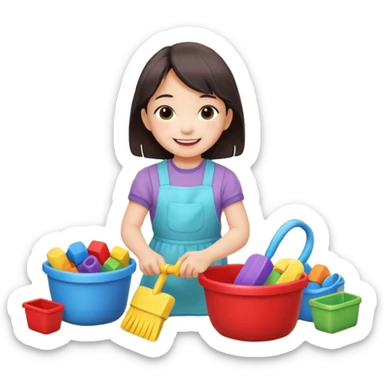 A cute 4-year-old Japanese girl with a big smile, proudly cleaning up her toys by herself in a bright playroom. She is putting colorful blocks and dolls back into baskets, looking happy and accomplished.  sticker