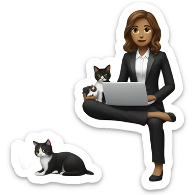 Light skinned woman with brown hair sitting on the couch laptop on her lap next to small black and white tuxedo cat sticker