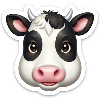 Cinematic Cute Black and White Cow Portrait Emoji, Head tilted playfully and inquisitively, featuring a glossy, contrasting coat of black and white, round, sparkling brown eyes filled with gentle curiosity, Simplified yet irresistibly adorable features, highly detailed, glowing with a warm, friendly glow, high shine, affectionate and serene, stylized with a touch of contemporary charm, bright and endearing, soft glowing outline, capturing the essence of a mischievous yet loving cow, so playful it feels like it could moo out of the screen and into your arms! sticker