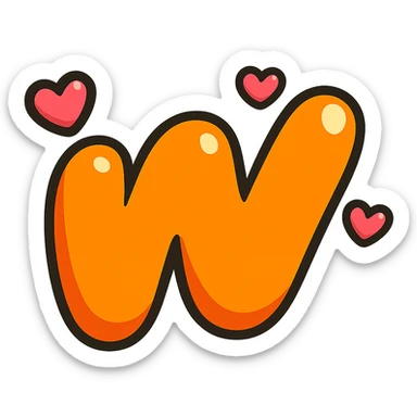 puffy cartoon-style Wattpad logo 'w' with thick contour, soft shadows and glossy highlights, decorated with a few cute hearts, no background sticker
