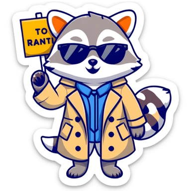 Female raccoon in a trench coat and sunglasses holding a big sign   sticker