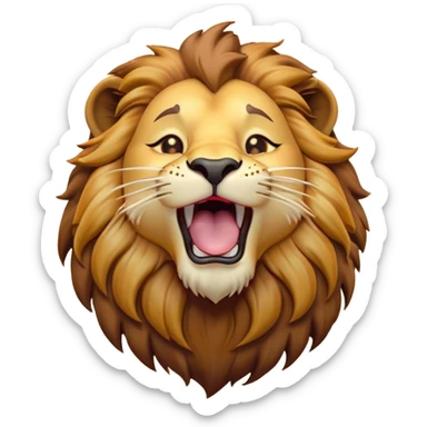 Cinematic Cute Yawning Lion Portrait Emoji, Head tilted slightly with a dramatic, wide-open yawn, showcasing a soft, downy tawny Fur with a majestic mane, floppy ears slightly drooping, round amber eyes barely open in drowsy contentment, Simplified yet irresistibly adorable features, highly detailed, glowing with a soft, cozy glow, high shine, relaxed yet expressive, stylized with a touch of savannah whimsy, bright and endearing, soft glowing outline, capturing the essence of a sleepy yet affectionate lion, so drowsy it feels like it could stretch out of the screen and curl up for a nap! sticker