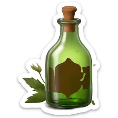 Mysterious Alchemical vintage glass potion bottle, exquisite bottle shape, old and shabby, with label, stylish and minimalistic, brown and shabby-green, oil potion is poured out of the bottle, herbal, flowers and oil is spilled next to it sticker