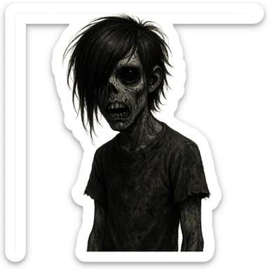 boy zombie with black hair, emo style, creepy, long hair, scary, black eyes, black skin sticker