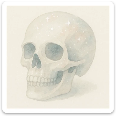 a glittery skull with sparkling highlights and shimmering textures in watercolor art style sticker