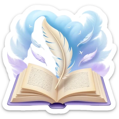 Create a delicate and poetic emoji representing poetry. The design should feature several elegantly flying pages with short poetic columns written on them. The pages should appear light and flowing, almost as if being carried by the wind. Include a white feather gently resting on the pages, symbolizing creativity and inspiration. Use soft, pastel tones like light blues, purples, and creams to give it a dreamy, artistic feel. The design should feel ethereal and whimsical, capturing the essence of poetry. Make the background transparent. sticker