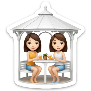 Two small brunette women sitting inside a large white gazebo sticker