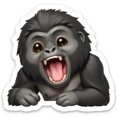 Cinematic Cute Yawning mountain Gorilla Portrait Emoji, Head tilted slightly with a dramatic, wide-open yawn, showcasing a formidable build with a black and greyy mane and drowsy, half-closed eyes, Simplified yet irresistibly adorable features, highly detailed, glowing with a soft, cozy jungle glow, high shine, relaxed yet expressive, stylized with a dash of whimsical primate charm, soft glowing outline, capturing the essence of a drowsy yet affectionate guardian that appears ready to stretch out for a nap! sticker