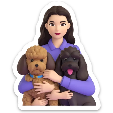 Kendall Jenner with long dark hair holding a brown poodle and a black schnauzer sticker