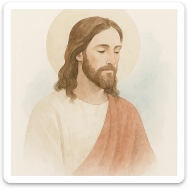 Jesus Christ in watercolor style, with halo, soft colors, long hair and beard, traditional clothing, artistic background sticker