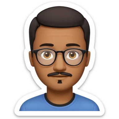A friendly person with medium-brown skin, large warm brown eyes, thin rectangular glasses, a short mustache and small goatee, black short hair. Rounded face, calm slight smile. Head-and-shoulders emoji style, bold outlines, simple shapes, bright colors, transparent background. sticker