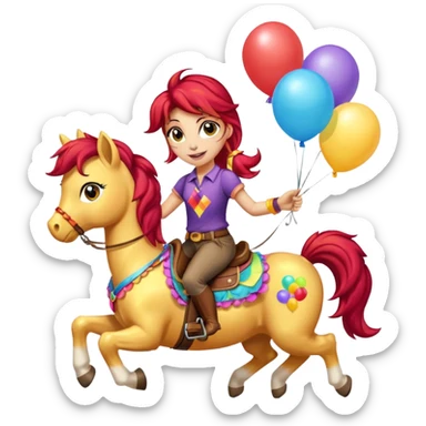 sunset shimmer mlp holding colorful balloons tied to its saddle, looking cheerful. sticker