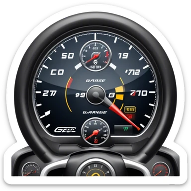 An icon showing a racing game interface, inspired by Grand Turismo. The design features a garage with a selection of high-performance cars, along with race track visuals in the background. Speedometer, lap timer, and other HUD elements add to the excitement. Transparent background sticker