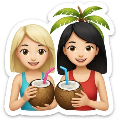 Two girls drinking out of a coconut one is Asian with black hair the other is white with blonde hair  sticker