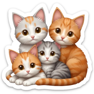 3 tiny kittens cuddling together all different colours, the first one is grey and white, the second is ginger and white and the third is brown tabby and white sticker