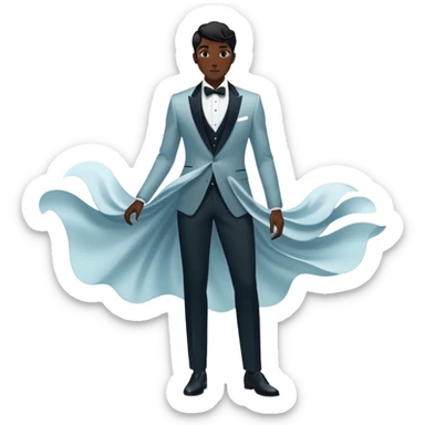 Ethereal male fashion silhouette with formal wear and subtle energy waves, floating style essence, masculine inspiration sticker
