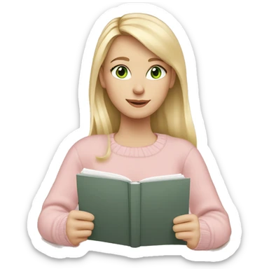 pretty white girl, blonde hair, green eyes studying in a light pink jumper sticker
