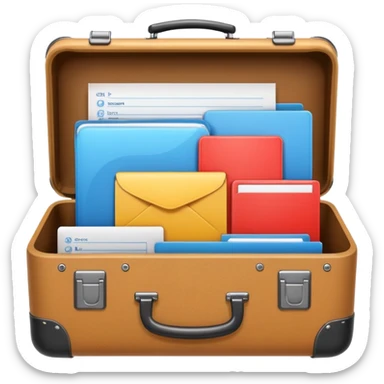 suitcase with compartments holding symbols for CRM, task lists, chat bubbles, and document files, clean modern emoji style sticker