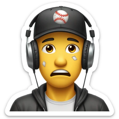 An emoji of a gamer wearing large headphones and a backward baseball cap, crying with tears streaming down both cheeks. The face shows a mix of sadness and frustration, with the mouth slightly open. The background is simple and non-distracting sticker