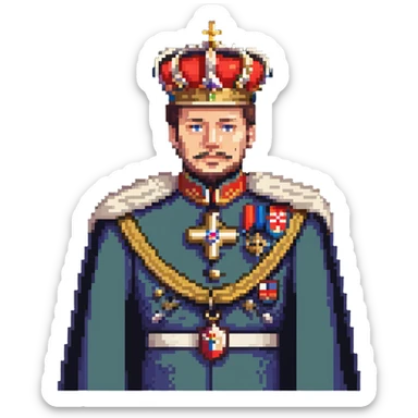Russian Tsar with elaborate crown, decorated military uniform with medals, royal cape sticker