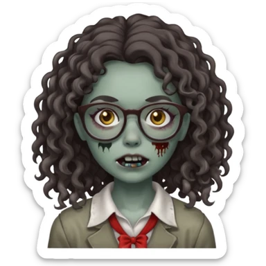 make a zombie girl with grey skin and long dark brown curly hair and glasses sticker