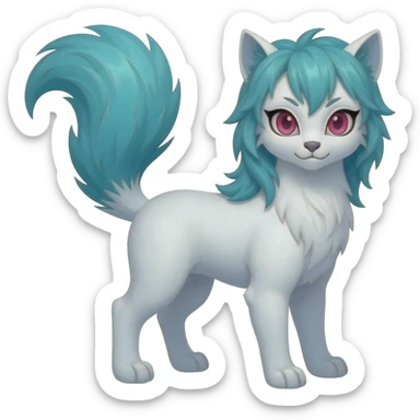 White badass elegant wild beautiful natural cute badass epic anthro modern albino sergal-vernid-creature with cyan mane and magenta eyes with cyan edgy stripes, full body, blue pretty hair, outside, modern, aesthetic, art by LiLaiRa, art by art by Falvie sticker