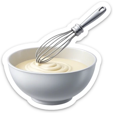 Cinematic Realistic Whisk & Mixing Bowl, a well-used metal whisk resting in a smooth ceramic mixing bowl, light reflecting off the whisk’s polished surface, subtle smears of batter along the rim, glowing with a sense of warmth and creativity. sticker